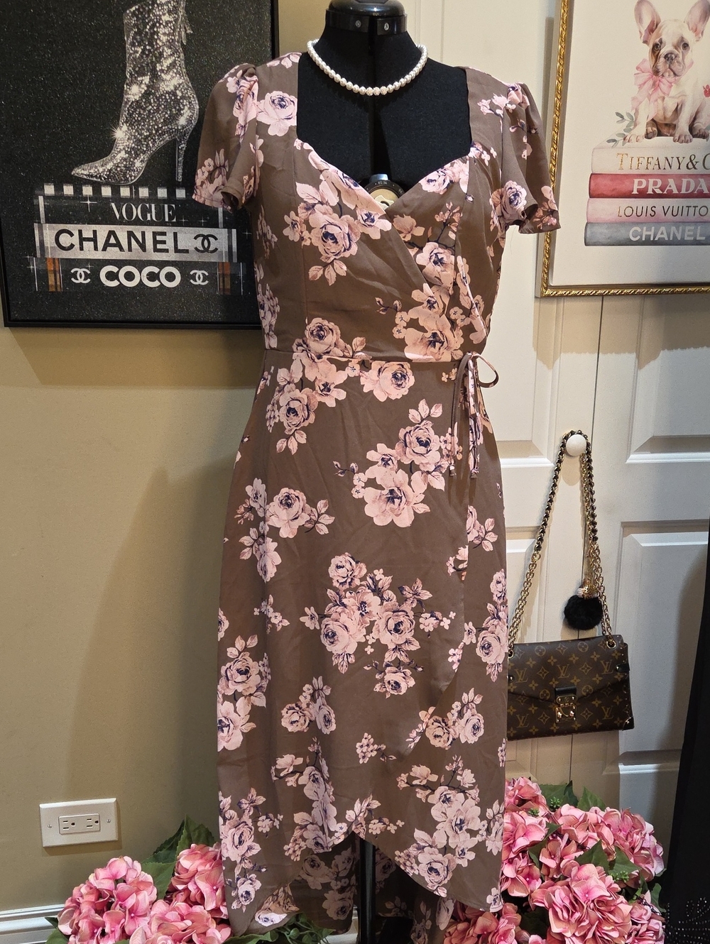 Nwt Medium Lily Rose Brown Maxi Wrap with Pink Floral Print Pull On Dress